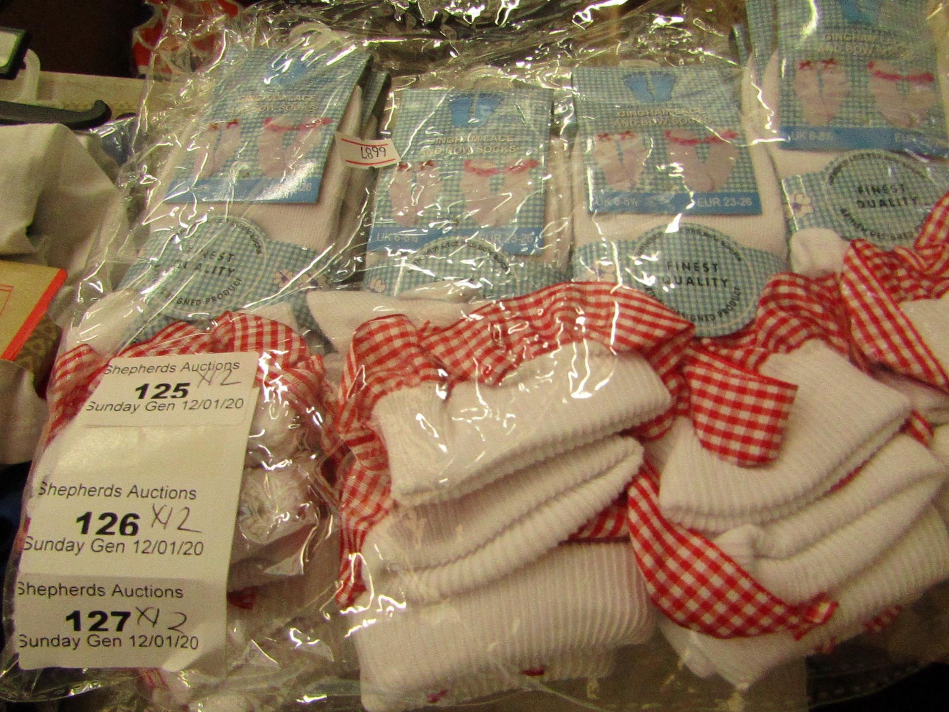 12 Pairs of Size 6 - 8.5 Gingham Lace & Bow Socks. New with tags