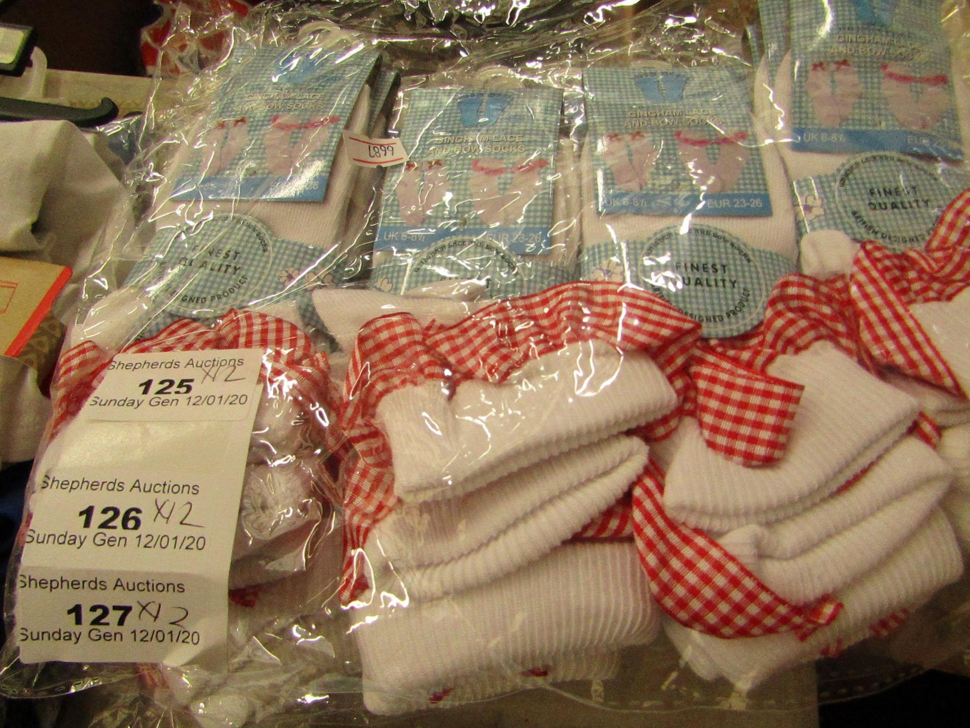 12 Pairs of Size 6 - 8.5 Gingham Lace & Bow Socks. New with tags