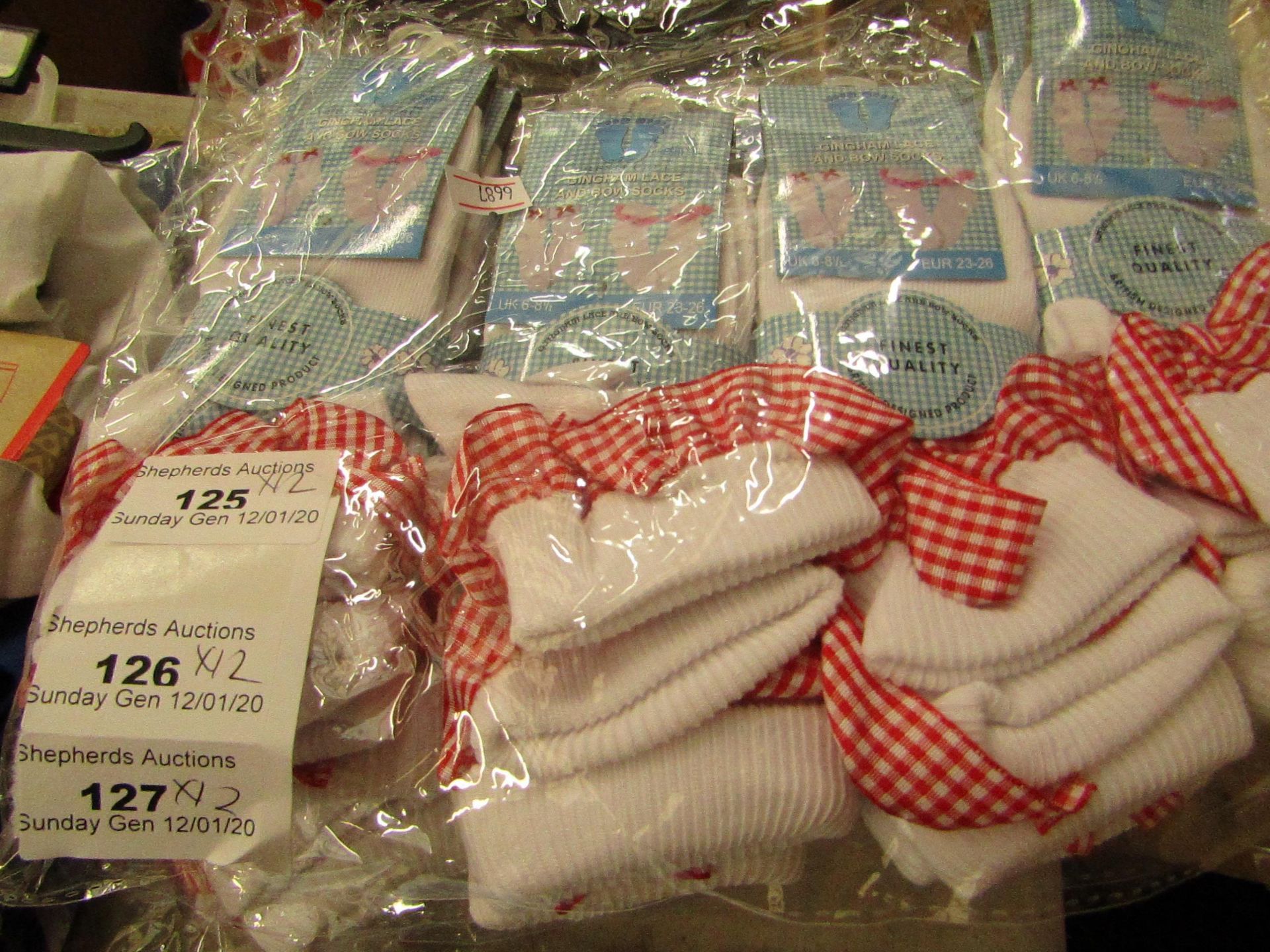 12 Pairs of Size 6 - 8.5 Gingham Lace & Bow Socks. New with tags