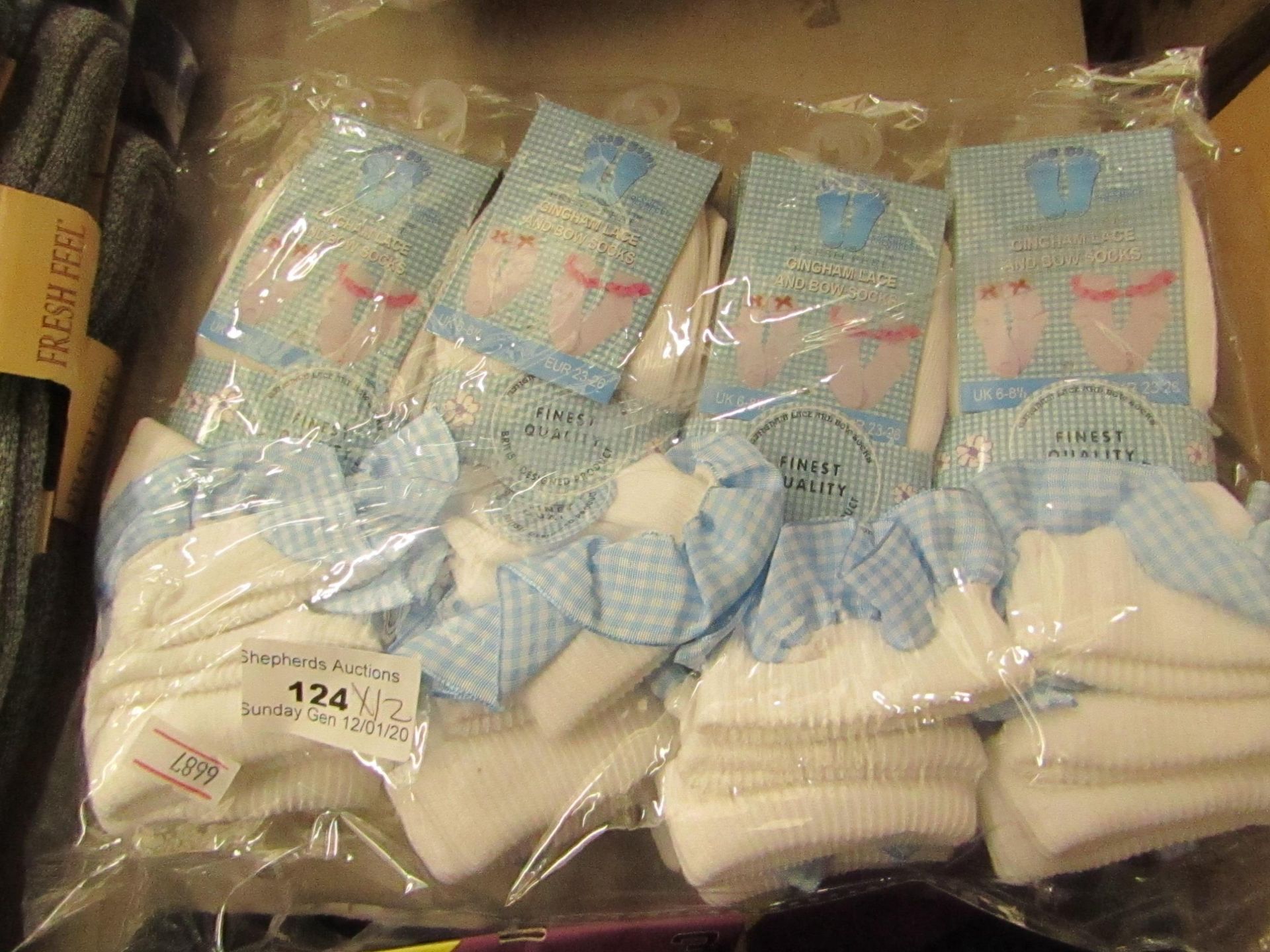 12 Pairs of Size 6 - 8.5 Gingham Lace & Bow Socks. New with tags