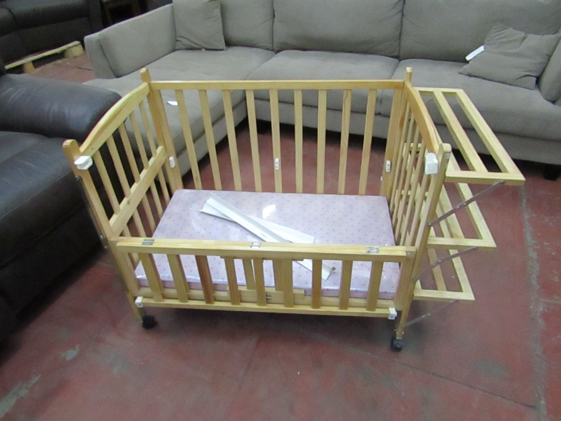 Wooden Cot with Blue Mattress, new and boxed