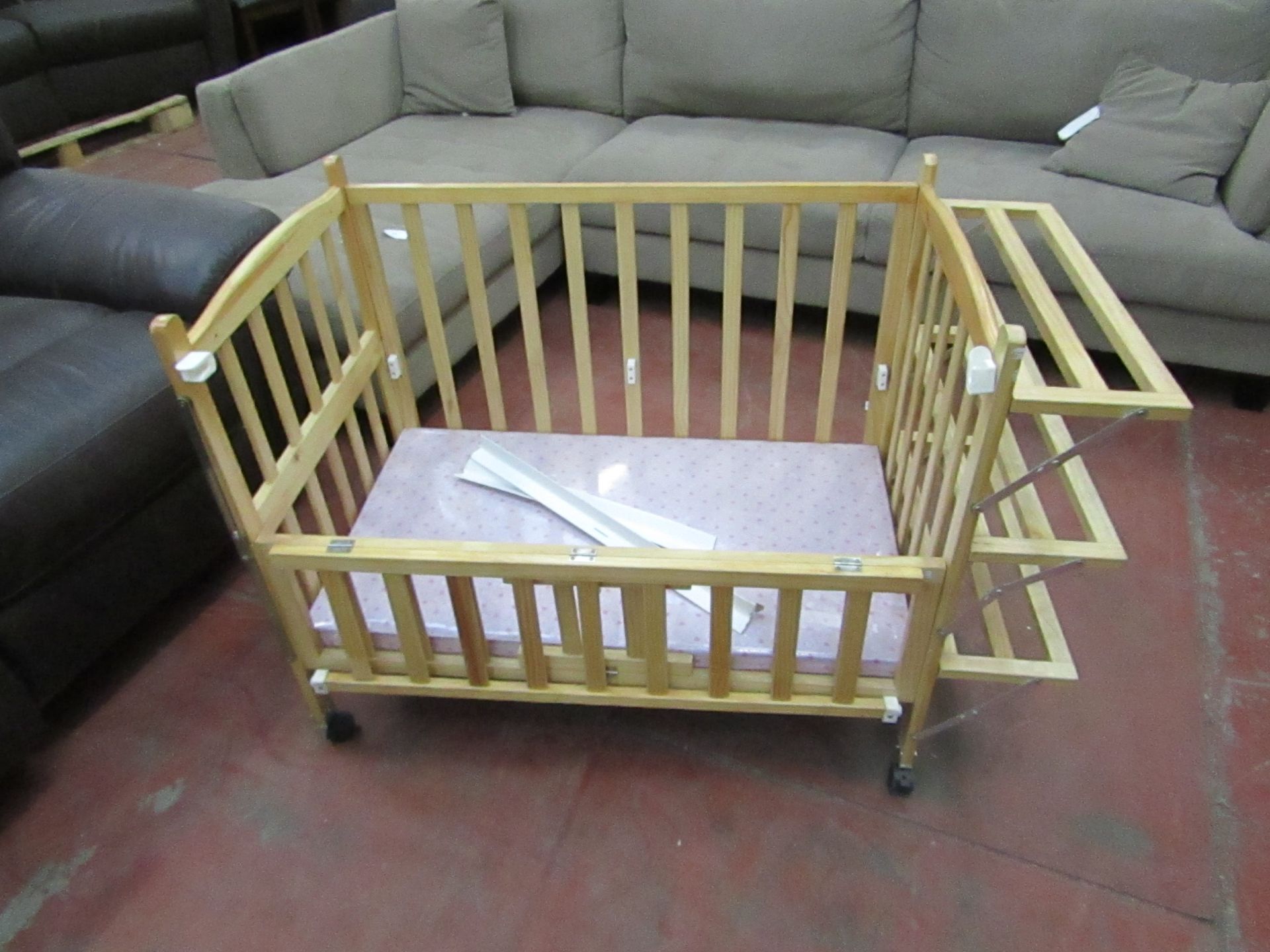 Wooden Cot with Pink Mattress, new and boxed