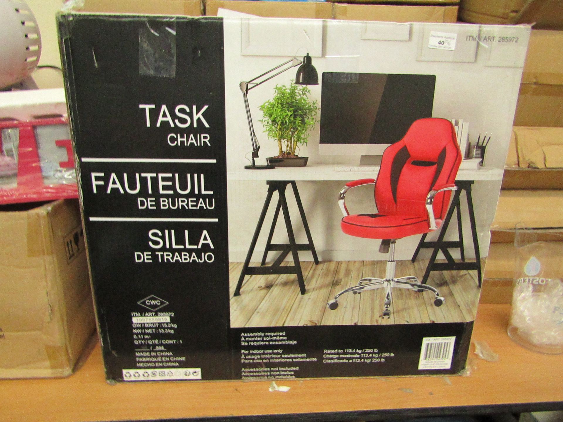 Chrome & Red Office/Desk Chair. Boxed but unchecked