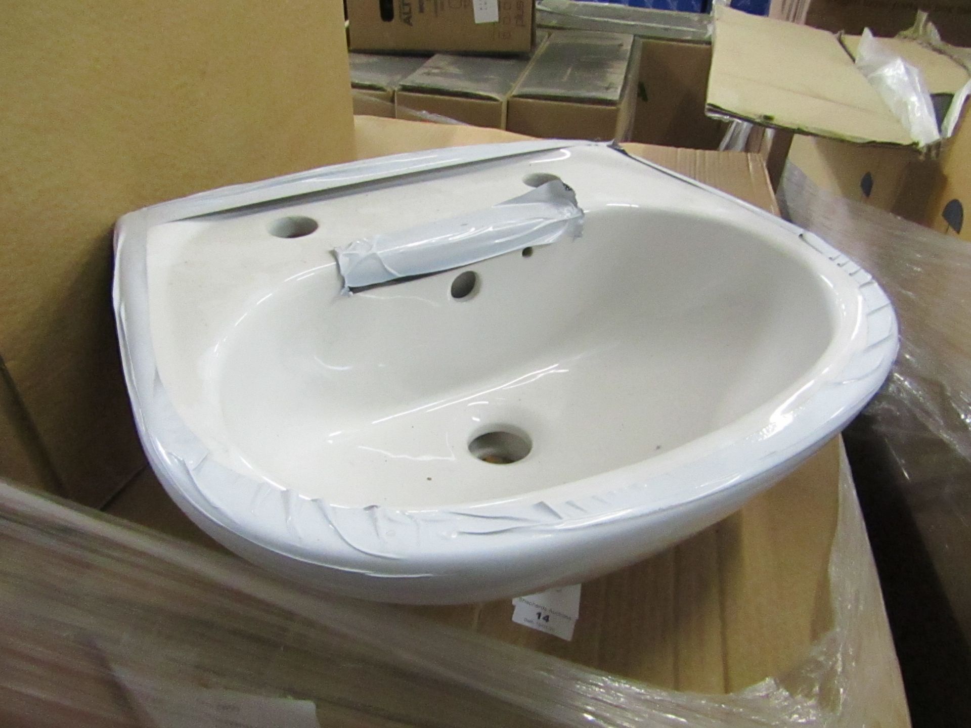 Oxford 2TH cloakroom basin, new and boxed.