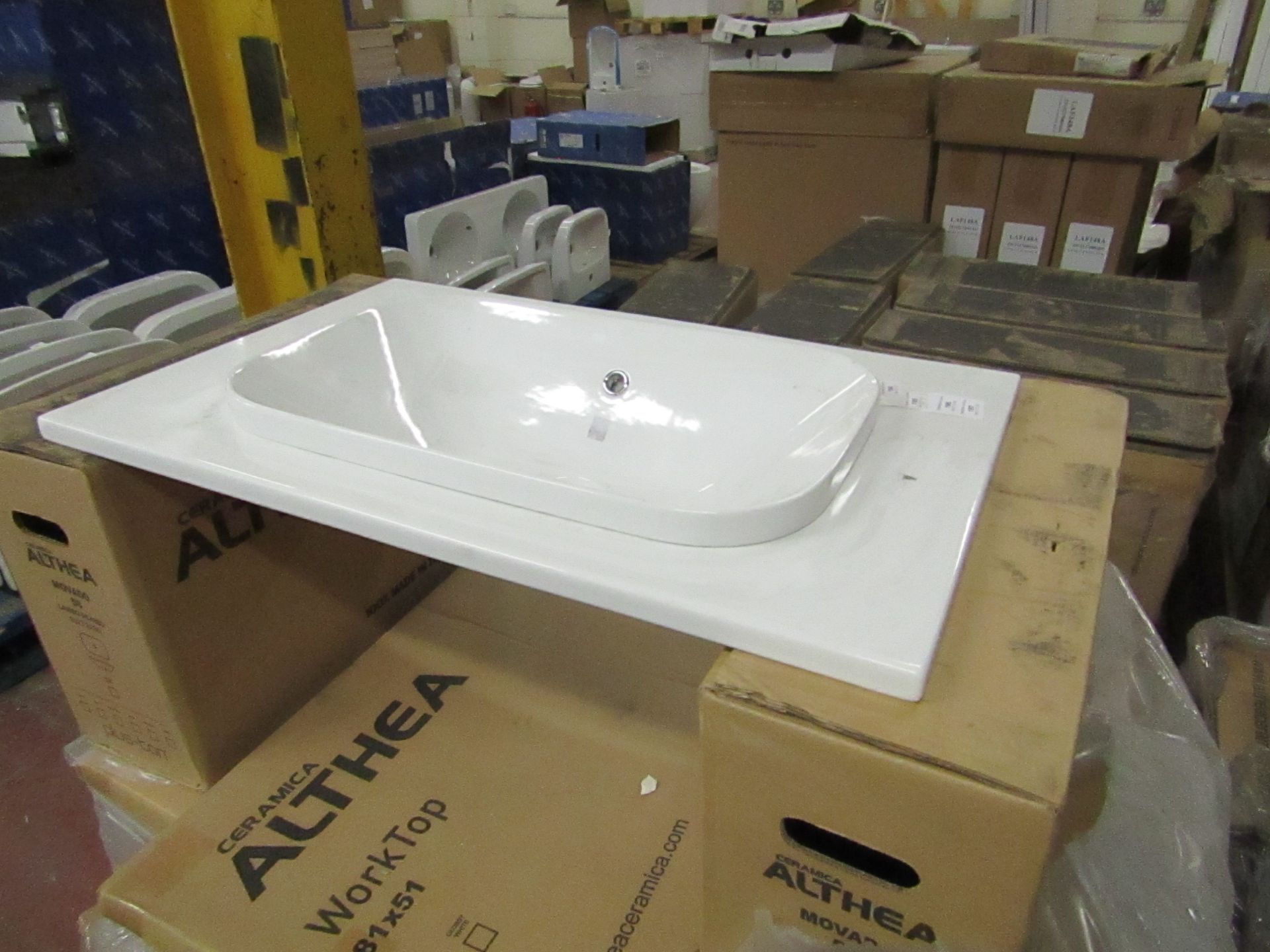 Althea Ceramica Movado ceramic shelf set includes a Movando 58 in set sink and a 81x51c,m Ceramic