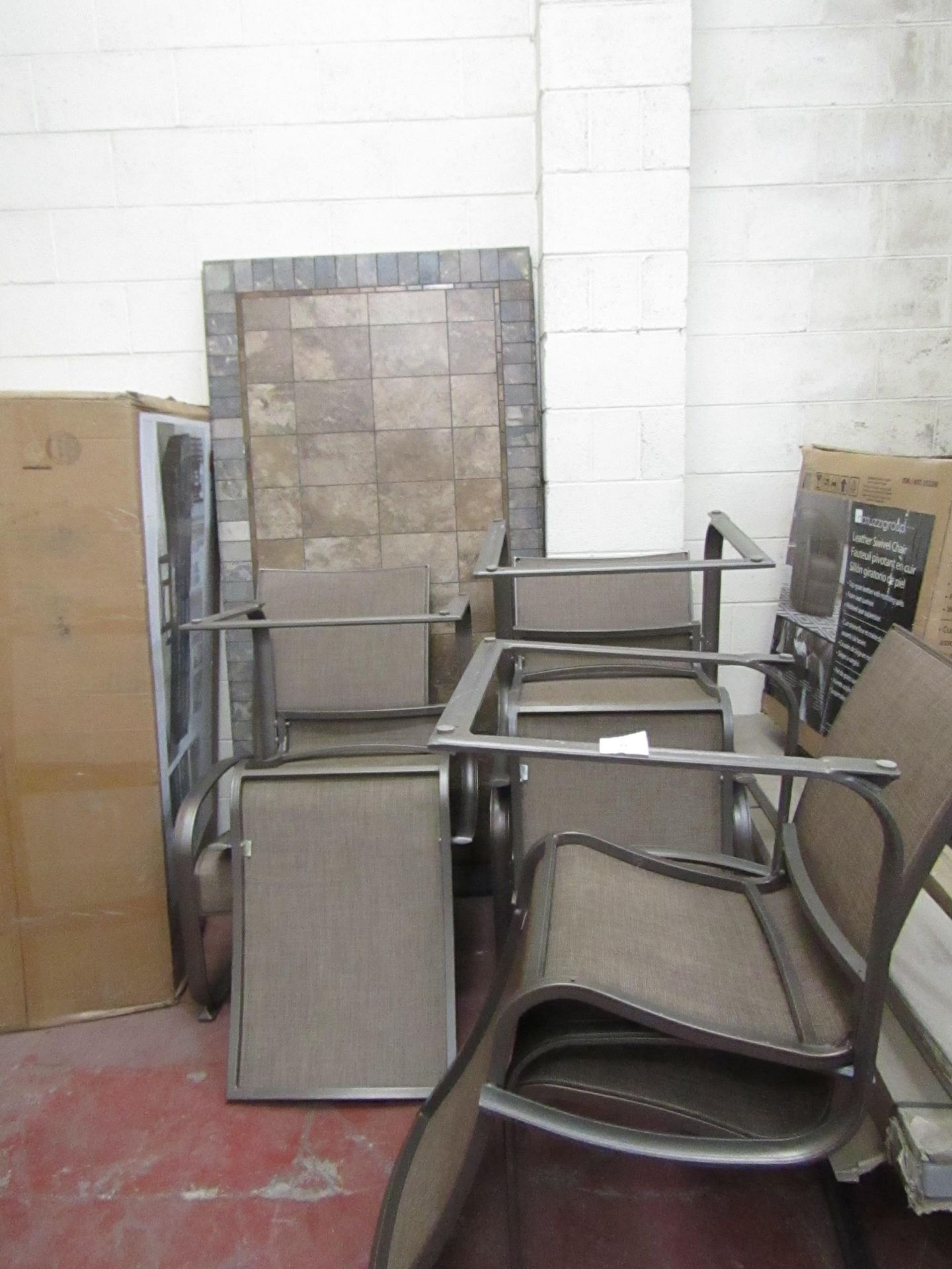 Costco Outdoor 6 seater outdoor dining set with 6 chairs, the tile top is damaged and the chairs are