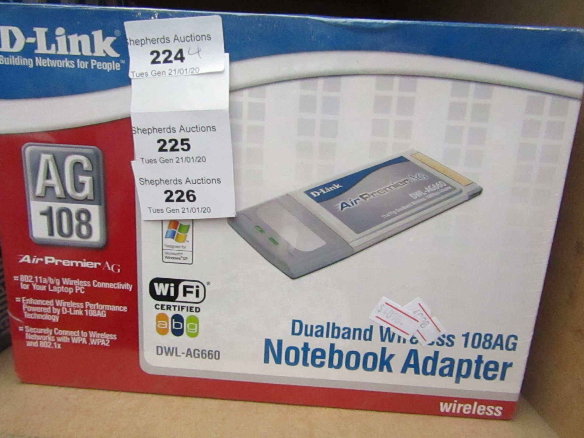 4X D-Link - DualBand Wireless 108AG Notebook adapter, Untested and boxed.