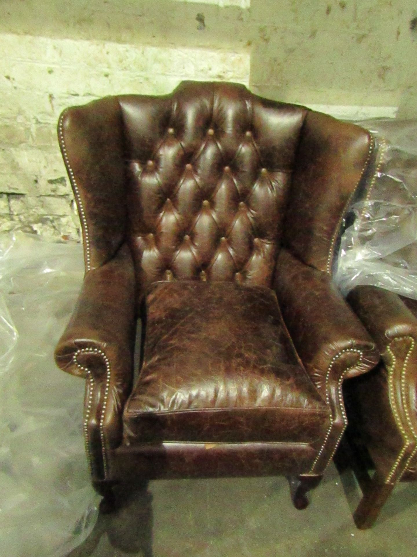 Antique style leather Queen Anne arm chair, Ex display.