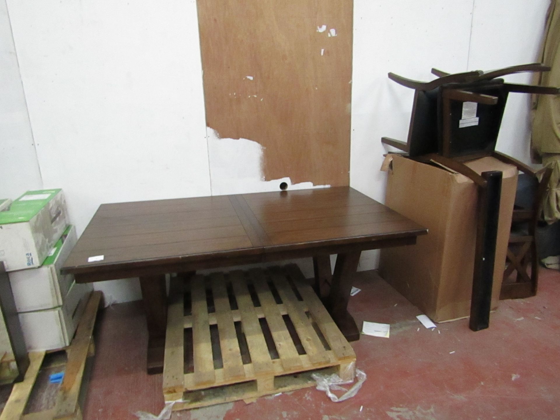 Bayside 7 piece dining table set, missing the bolts to fully put together, the table has some