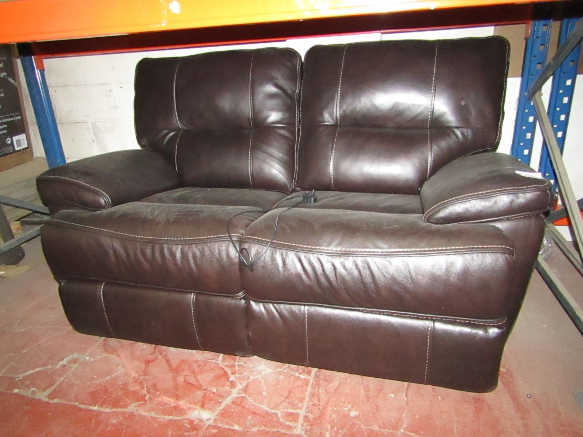 Brown leather electric 2 seater reclinig sofa with USB port, tested working, a few scuffs but