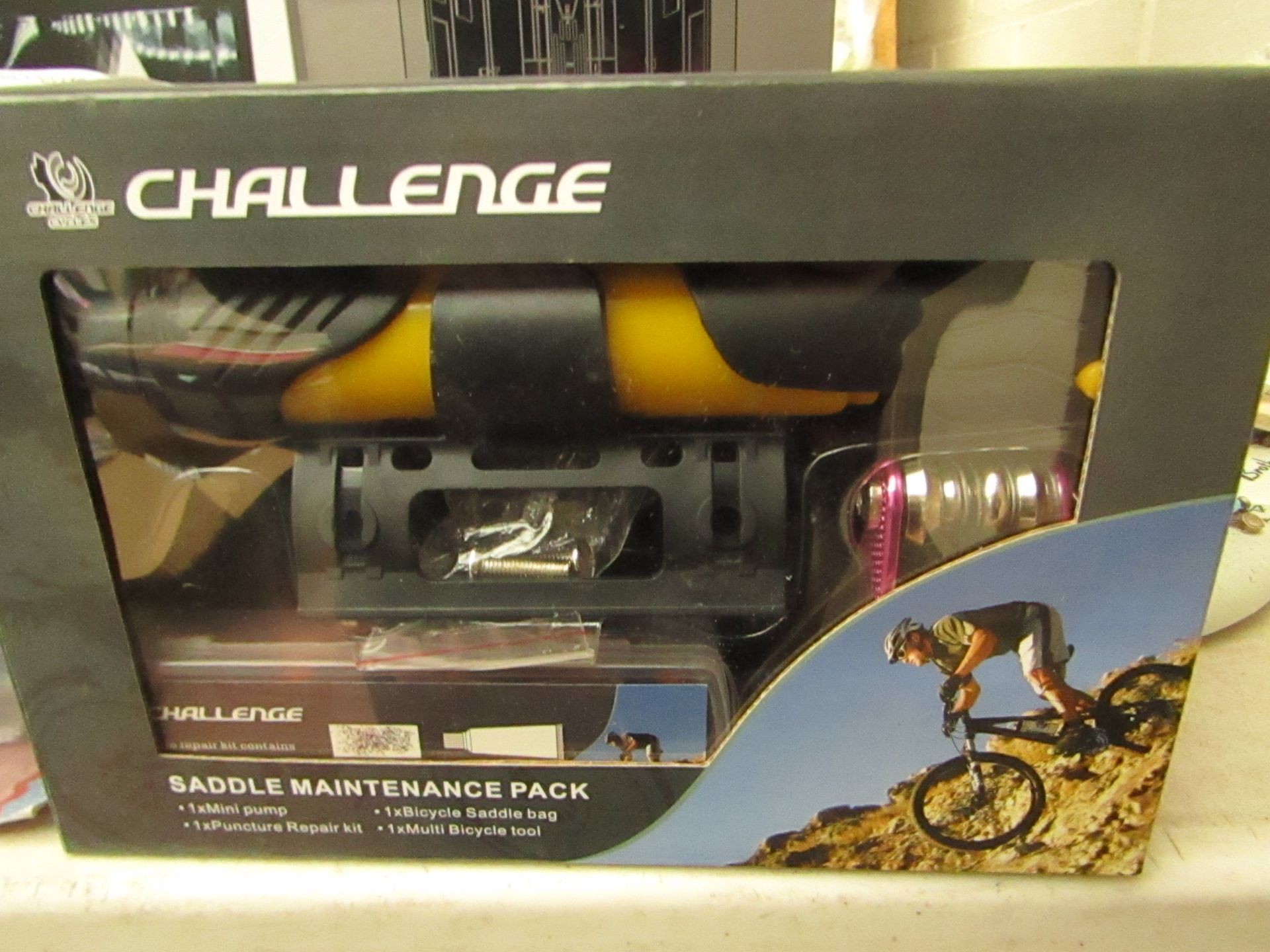 Challenge Saddle Maintenance Pack. Includes pump, repair kit, multi tool & Bag. New & Boxed