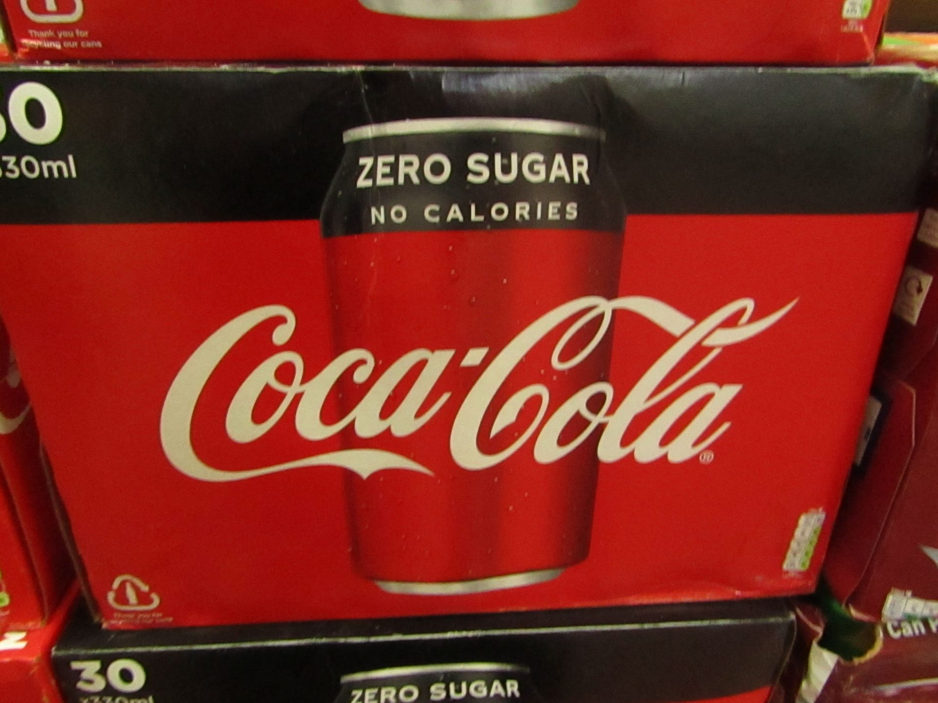 30 x 330ml Zero Sugar Coca Cola Cans. BB 30/6/20. Boxed