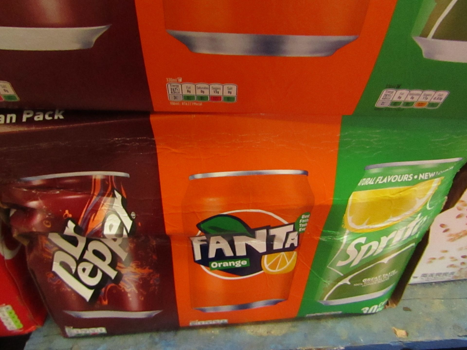 30 Can Pack of Dr Pepper, Fanta Orange & Sprite. BB 21/7/20. Box is slightly Damaged