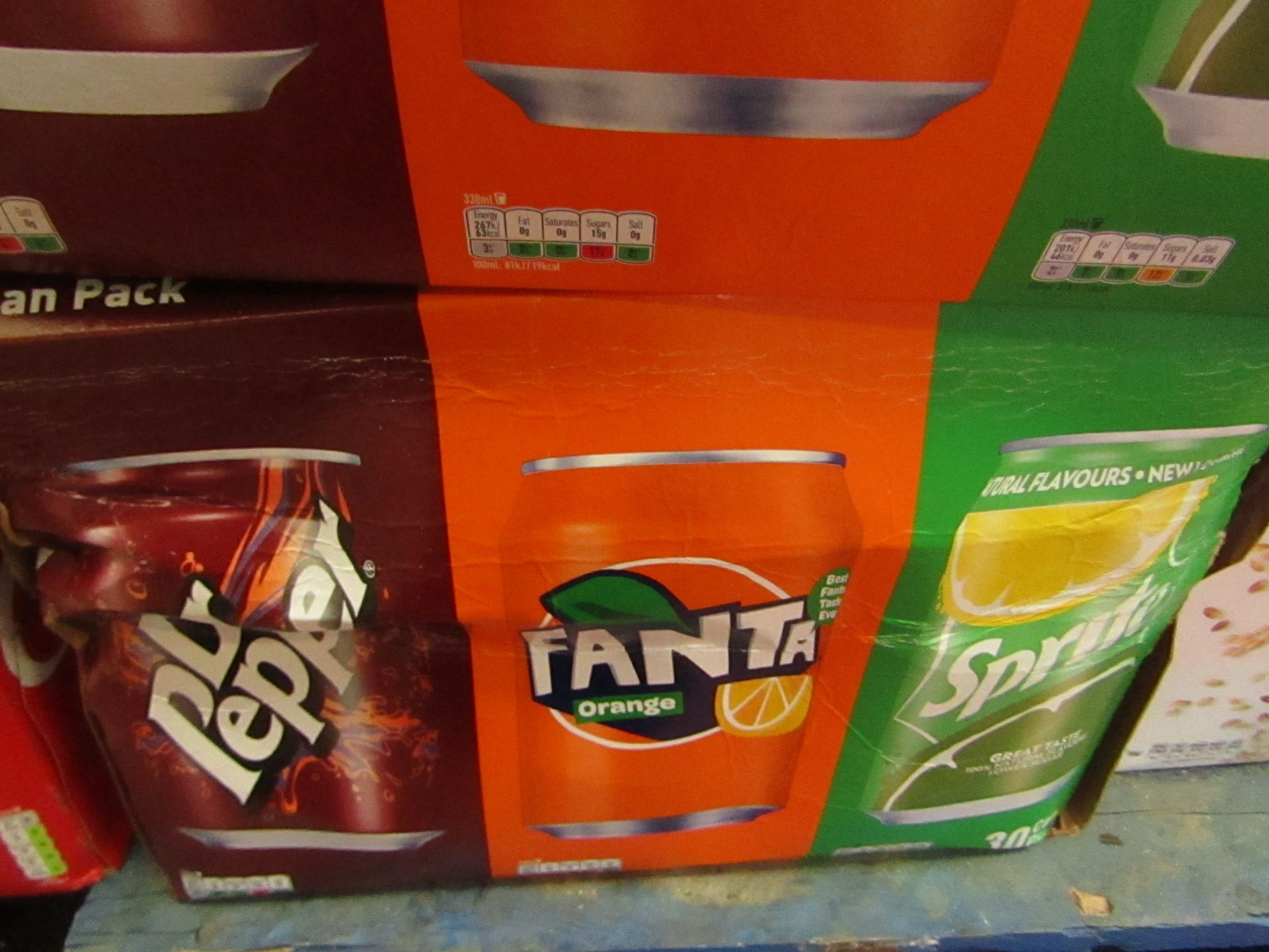 30 Can Pack of Dr Pepper, Fanta Orange & Sprite. BB 21/7/20. Box is slightly Damaged