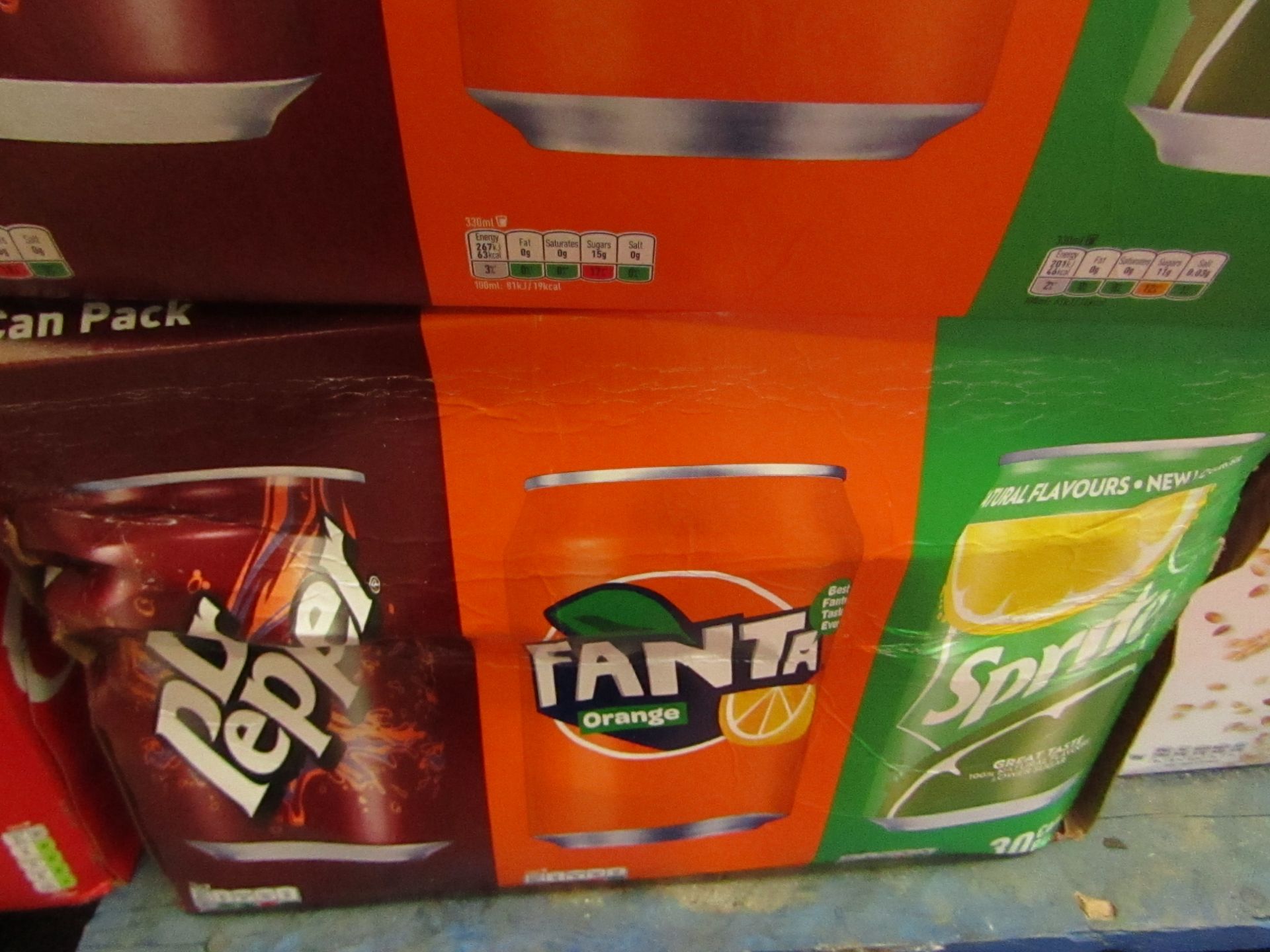 30 Can Pack of Dr Pepper, Fanta Orange & Sprite. BB 21/7/20. Box is slightly Damaged