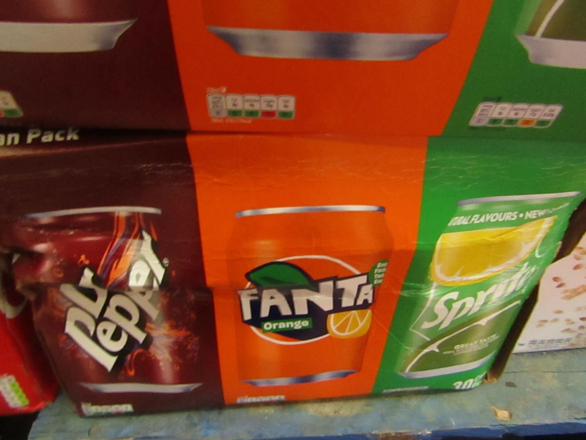 30 Can Pack of Dr Pepper, Fanta Orange & Sprite. BB 21/7/20. Box is slightly Damaged