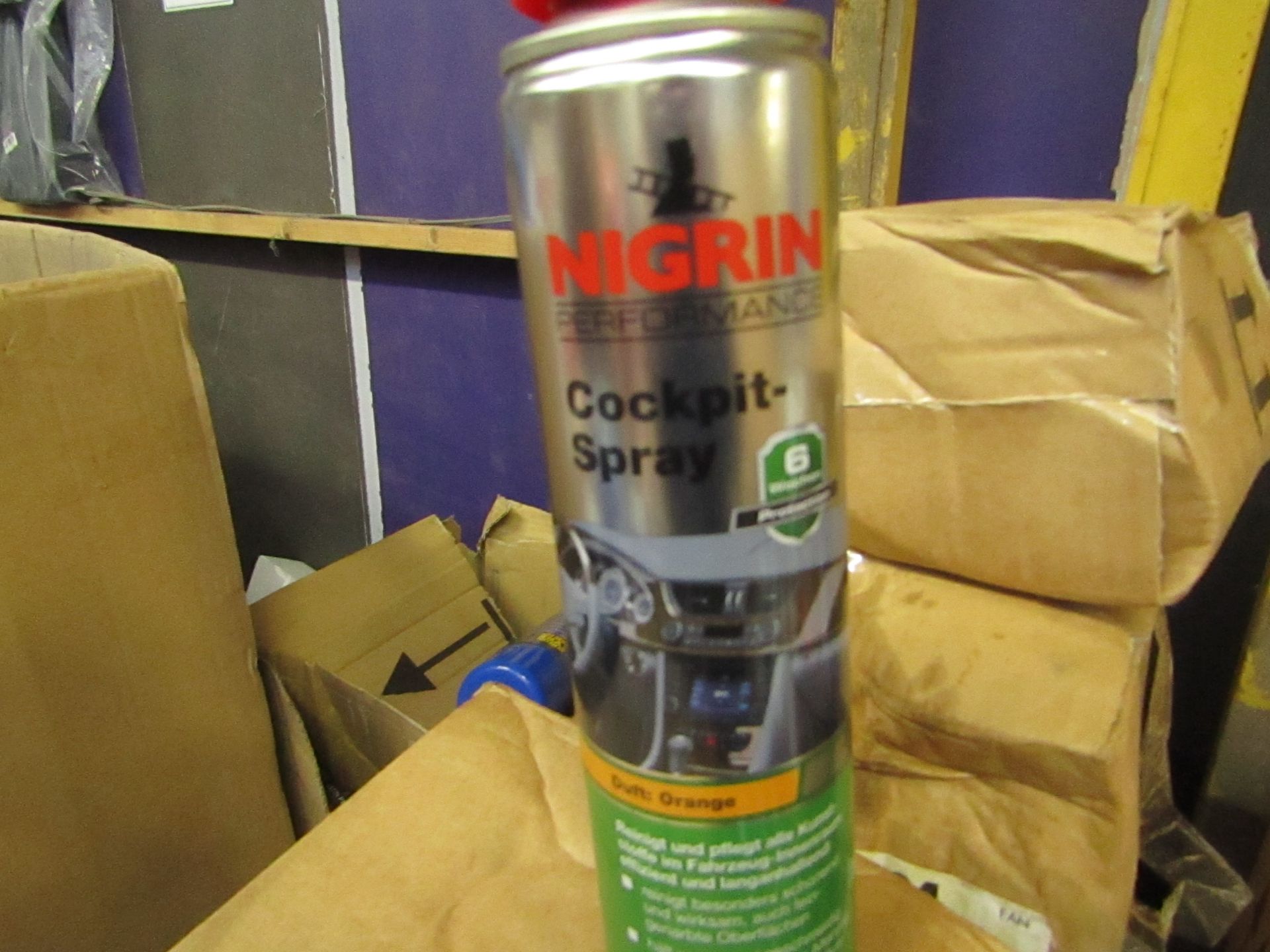 Box of 6x 400ml canisters of Nigrin Orange scent cock pit cleaner.