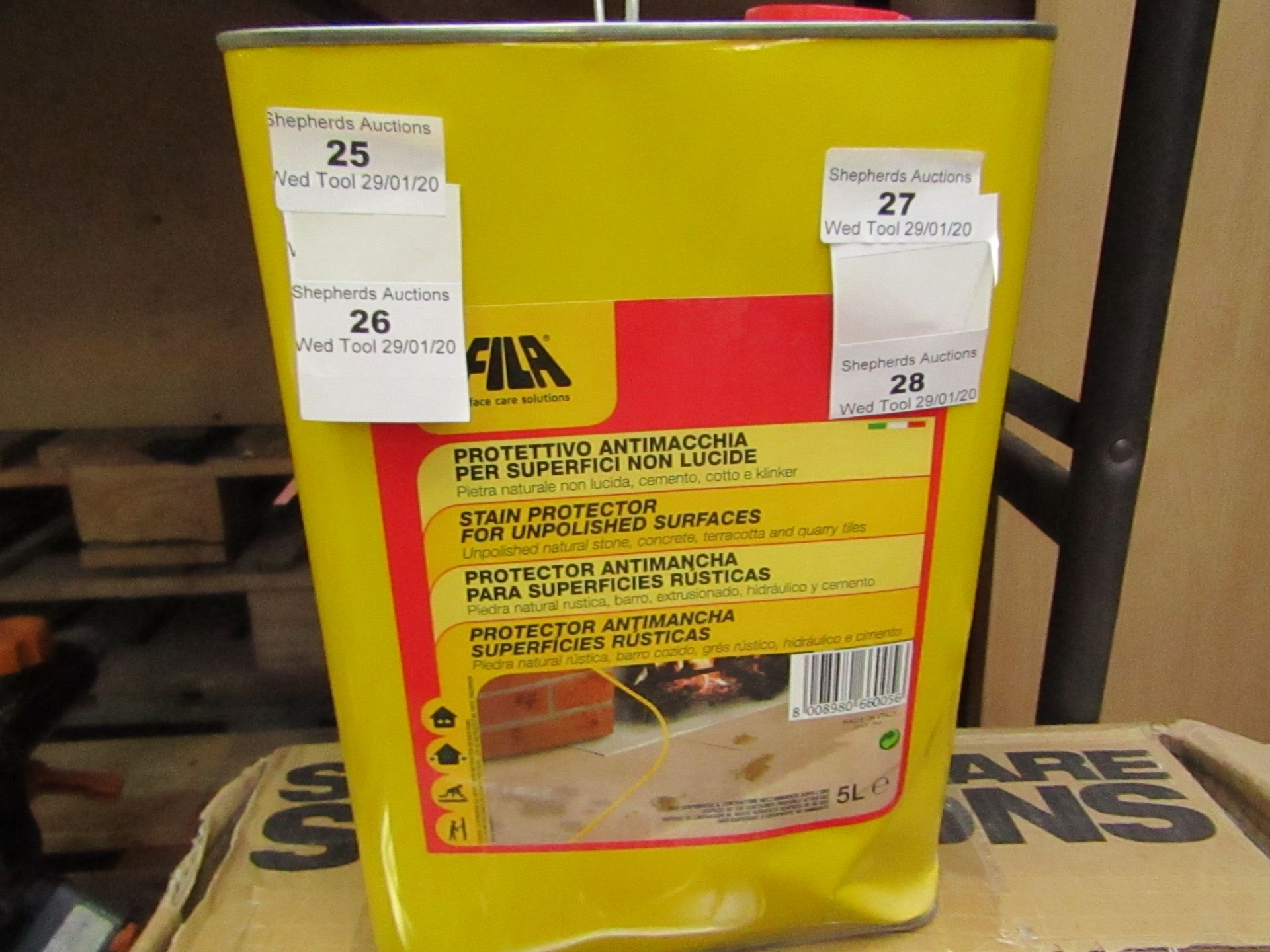 5ltr tub of Fila Flop Stain protector for unpolished natural stone, concrete, brick and quarry