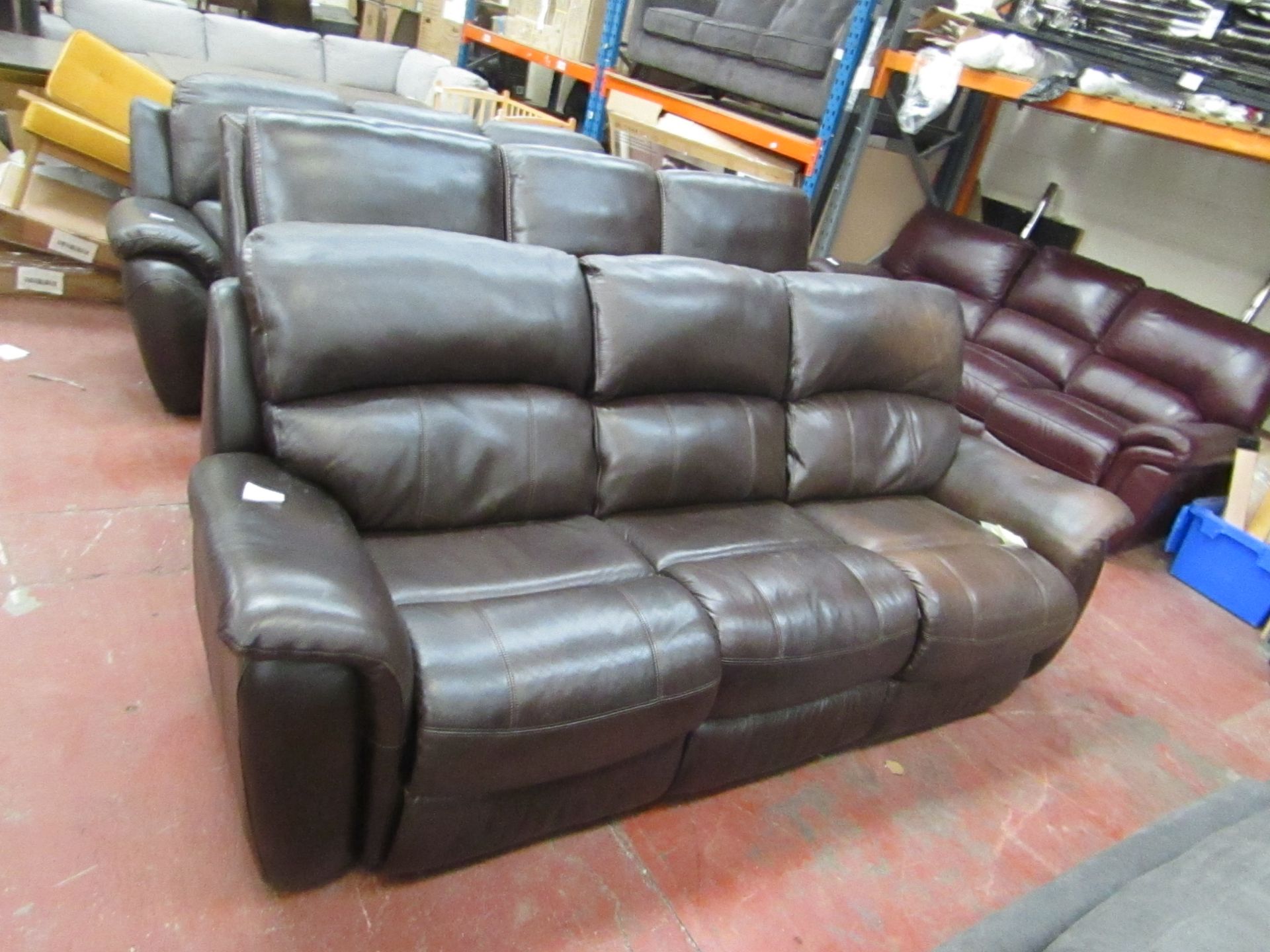 Polaski 3 seater manual reclining Brown leather sofa, both pop ups are working, one seat show