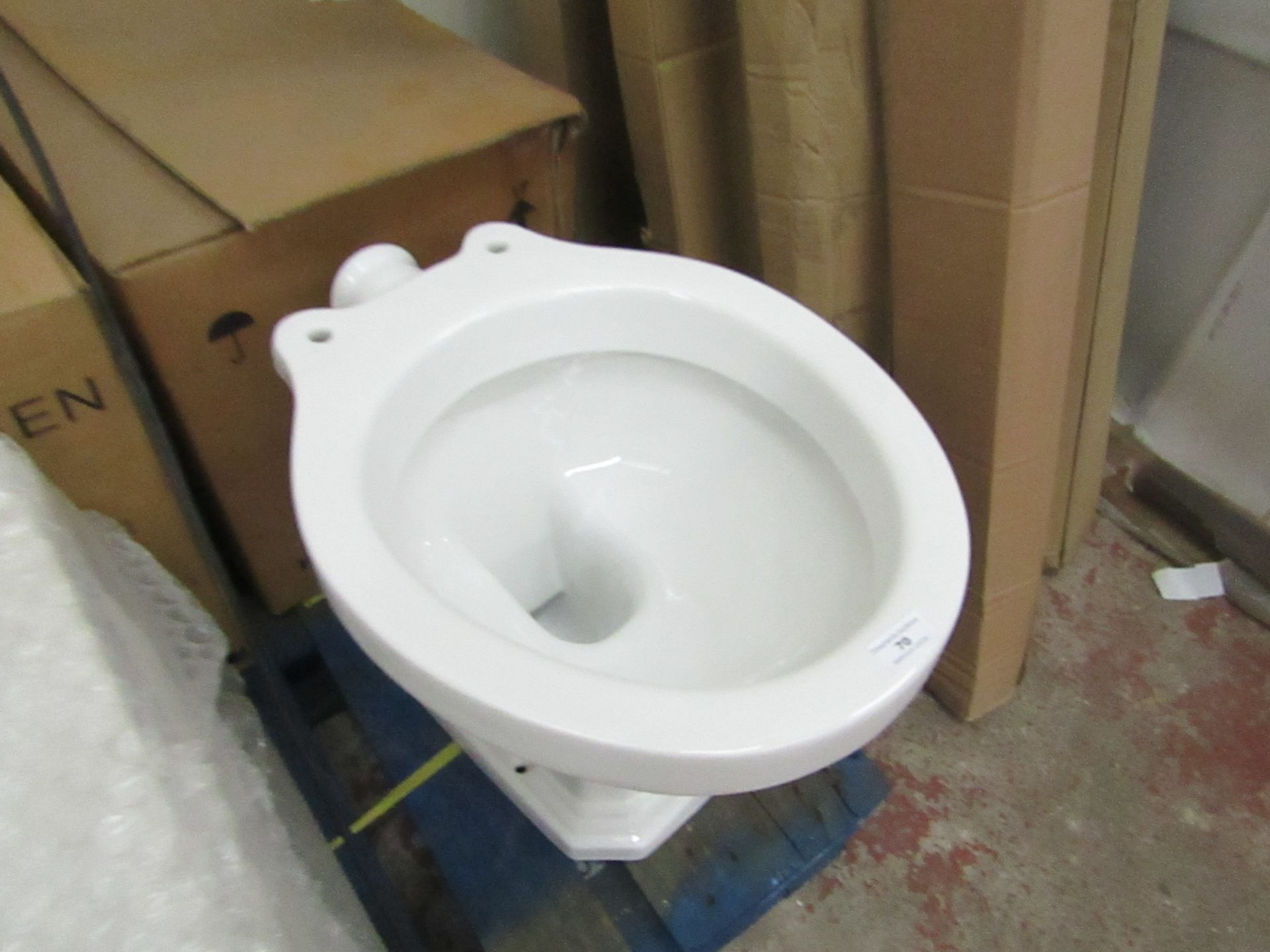 Floor standing BTW toilet pan, new.