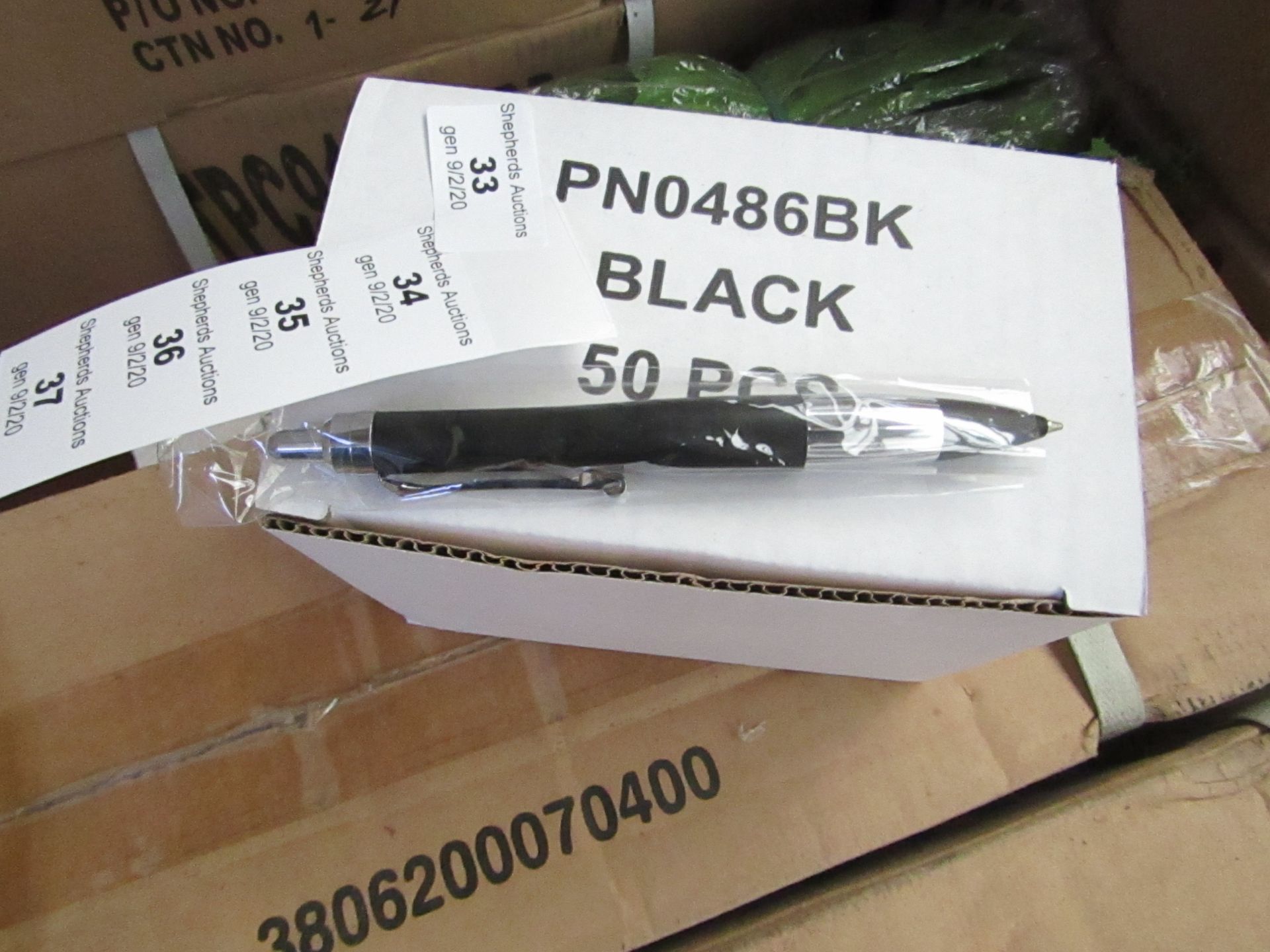 Box of 50 Black Ink Pens. See Image For Design