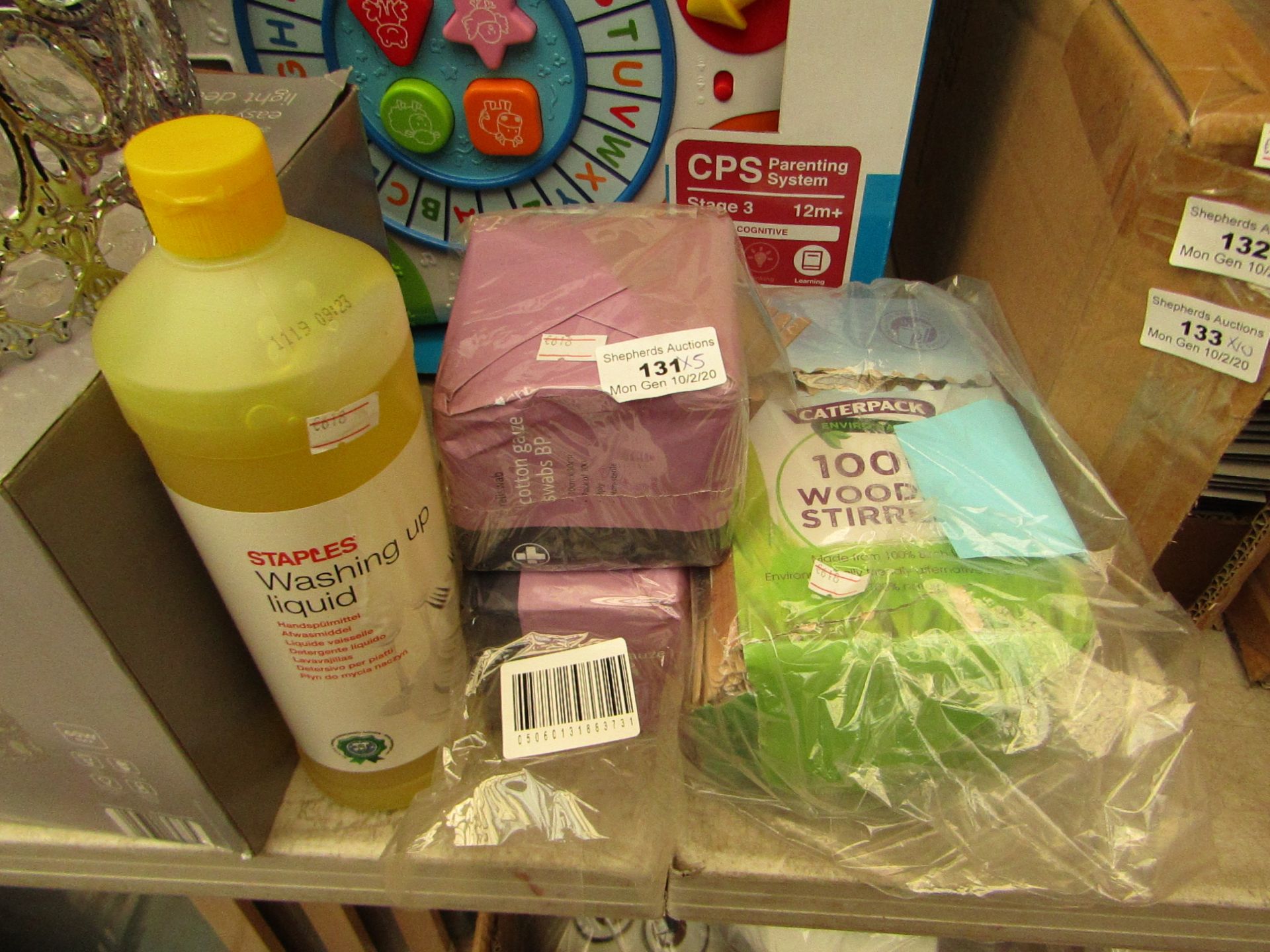 5x Various items such as washing up liquid 1L, 2x packs of cotton swabs and pack of 1000 wood