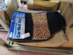 Set of 4 leopard print car mats, new and packaged.