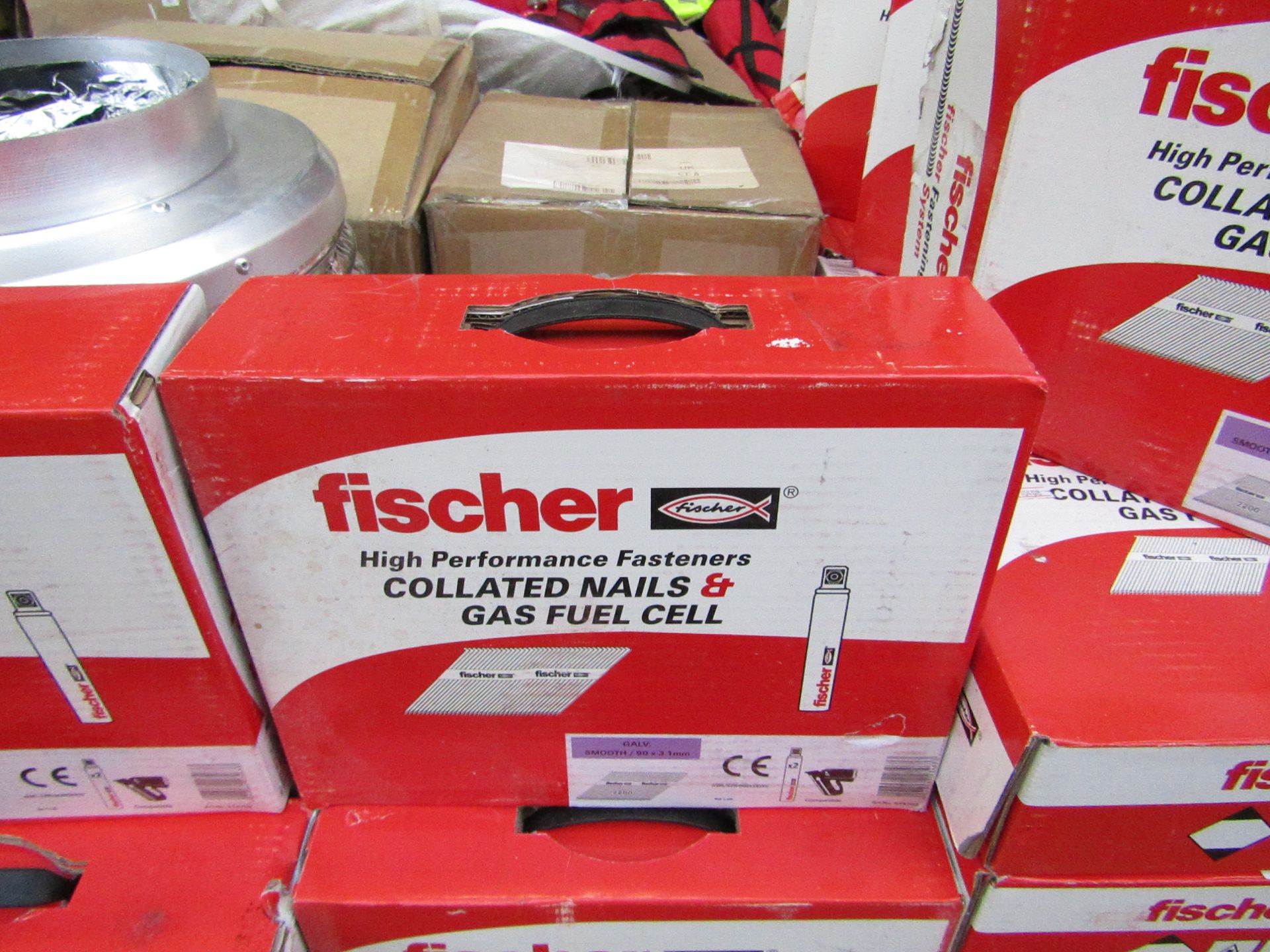 Box of 2x Fischer collated nails and gas fuel cells, new and boxed.