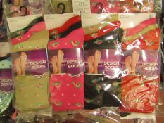 12 X Pairs of Ladies Design Socks size 4-7 new in packaging