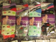 12 X Pairs of Ladies Design Socks size 4-7 new in packaging