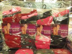 12 X Pairs of Ladies Design Socks size 4-7 new in packaging