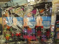 12 X Pairs of Mens Design Socks size 6-11 new in packaging