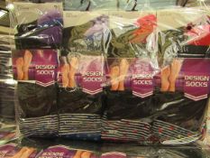 12 X Pairs of Ladies Design Socks size 4-7 new in packaging