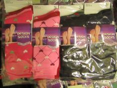 12 X Pairs of Ladies Design Socks size 4-7 new in packaging