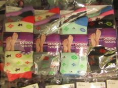 12 X Pairs of Ladies Design Socks size 4-7 new in packaging