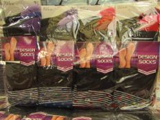 12 X Pairs of Ladies Design Socks size 4-7 new in packaging