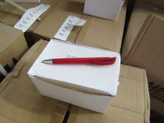 Box of 50x black ink ball point pens, new and boxed. See picture for design