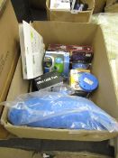 Box of approx 8x various items such as night lights, blow up chair and more. Unchecked.