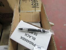 Box of 50x black ink ball point pens, new and boxed. See picture for design