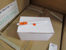 Box of 50x black ink ball point pens, new and boxed. See picture for design