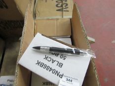 Box of 50x black ink ball point pens, new and boxed. See picture for design