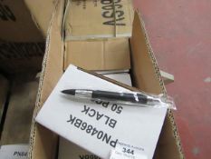 Box of 50x black ink ball point pens, new and boxed. See picture for design