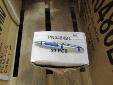 Box of 50x black ink ball point pens, new and boxed. See picture for design