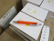 Box of 50x black ink ball point pens, new and boxed. See picture for design