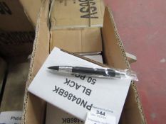 Box of 50x black ink ball point pens, new and boxed. See picture for design
