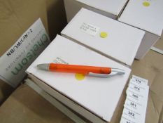 Box of 50x black ink ball point pens, new and boxed. See picture for design