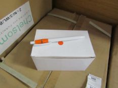 Box of 50x black ink ball point pens, new and boxed. See picture for design