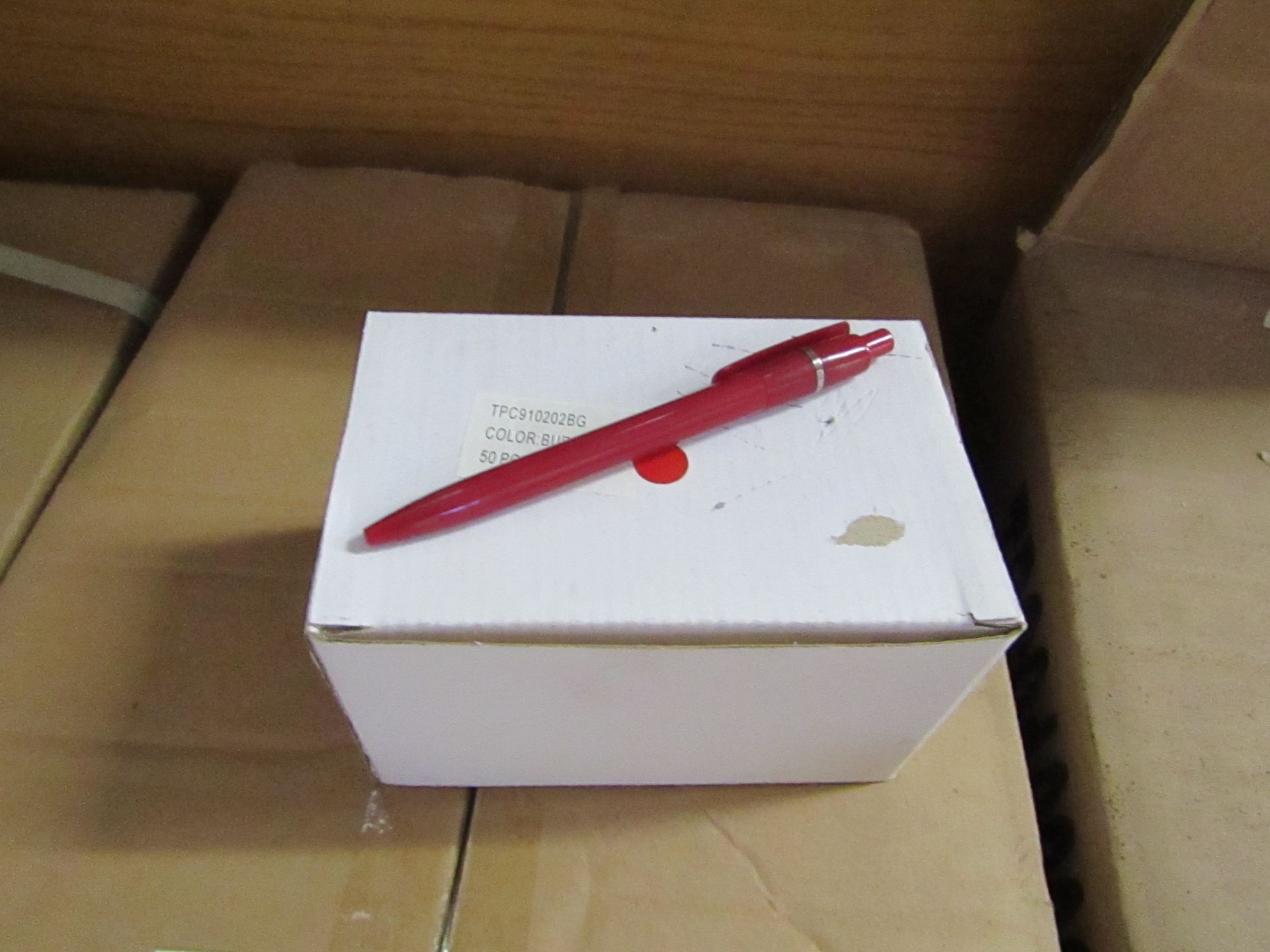 Box of 50x black ink ball point pens, new and boxed. See picture for design