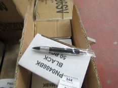 Box of 50x black ink ball point pens, new and boxed. See picture for design