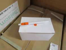 Box of 50x black ink ball point pens, new and boxed. See picture for design